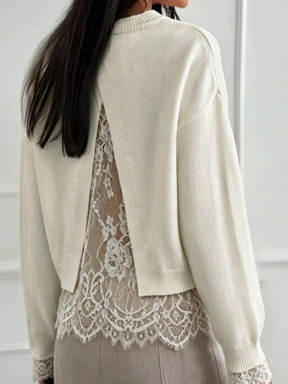 White Casual Women's Elegant Lace Patchwork Round Neck Long Sleeve Sweater